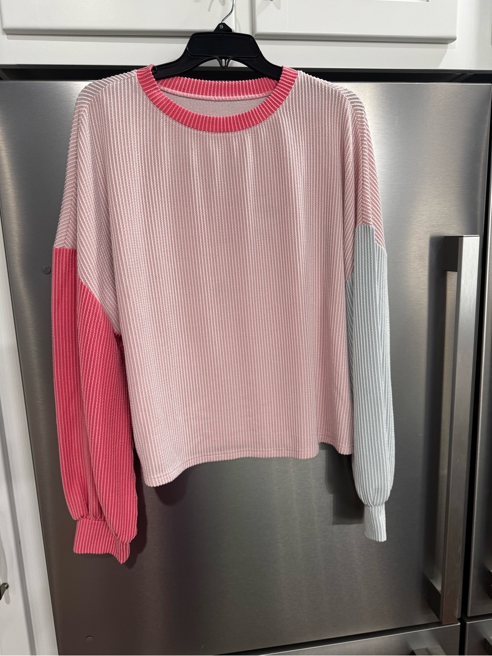 Pink Colorblock Ribbed Crewneck Pullover